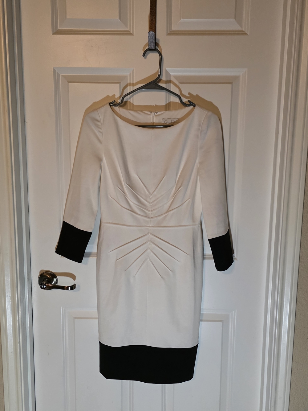 Jessica Simpson White Midi Dress with Black Cuffs and Hem